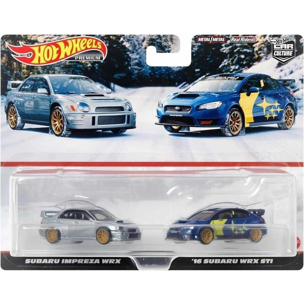 Hot Wheels 1:64 scale Premium Car Culture 2-Pack featuring Subaru Impreza WRX & '16 Subaru WRX STi die-cast models (HBL96 HKF60)