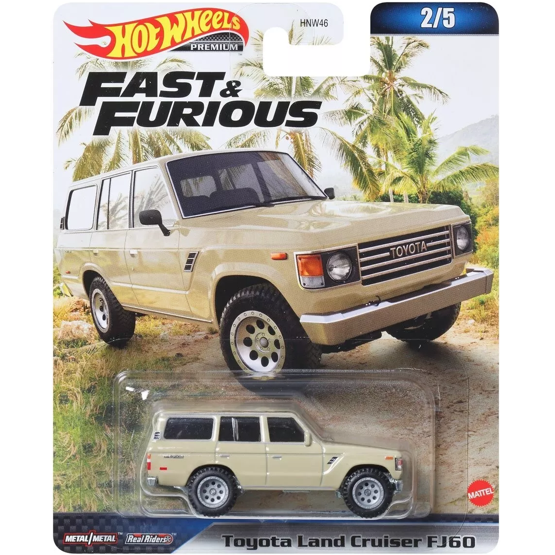 Hot Wheels Premium Toyota Land Cruiser FJ60 die-cast model from the Fast & Furious series, 2023.