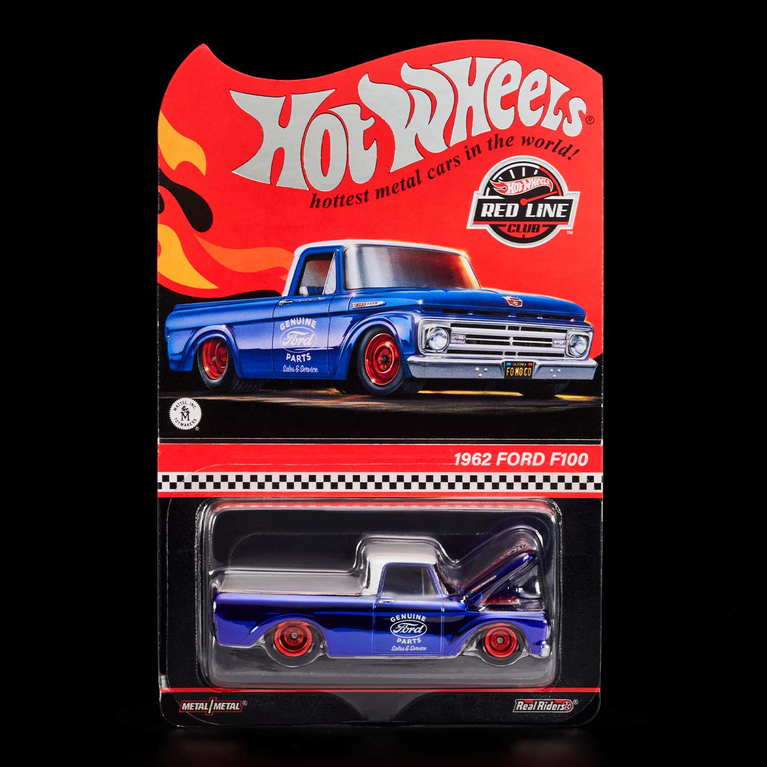 Hot Wheels 1:64 scale RLC Exclusive die-cast model of the 1962 Ford F100 in Spectraflame navy blue with Real Riders wheels