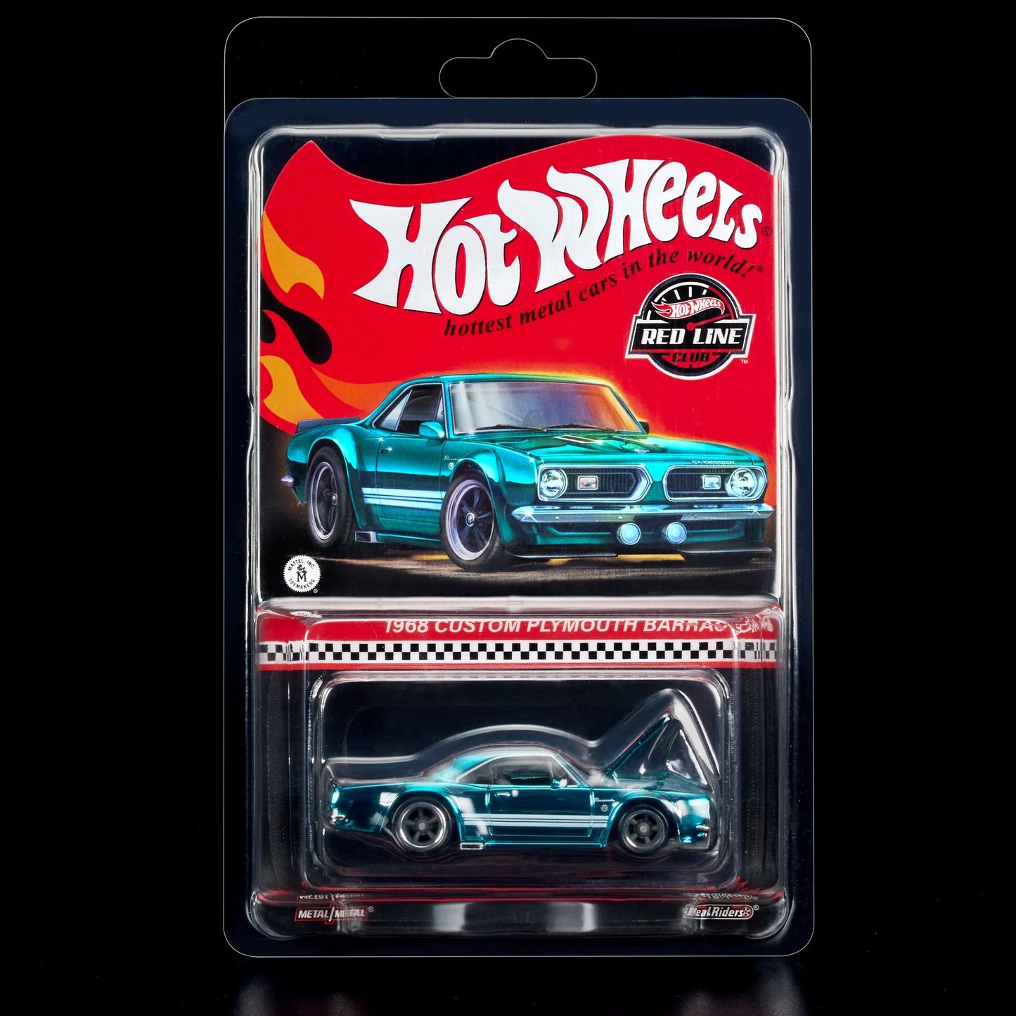 Hot Wheels 1:64 scale RLC Exclusive die-cast model of the 1968 Custom Plymouth Barracuda in Spectraflame teal with Real Riders wheels