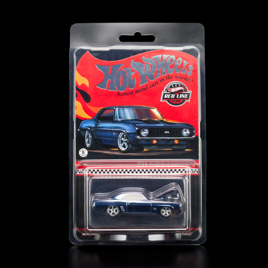 Hot Wheels 1:64 scale RLC Exclusive die-cast model of the 1969 Chevy Camaro SS in Spectraflame steel blue with Real Riders wheels