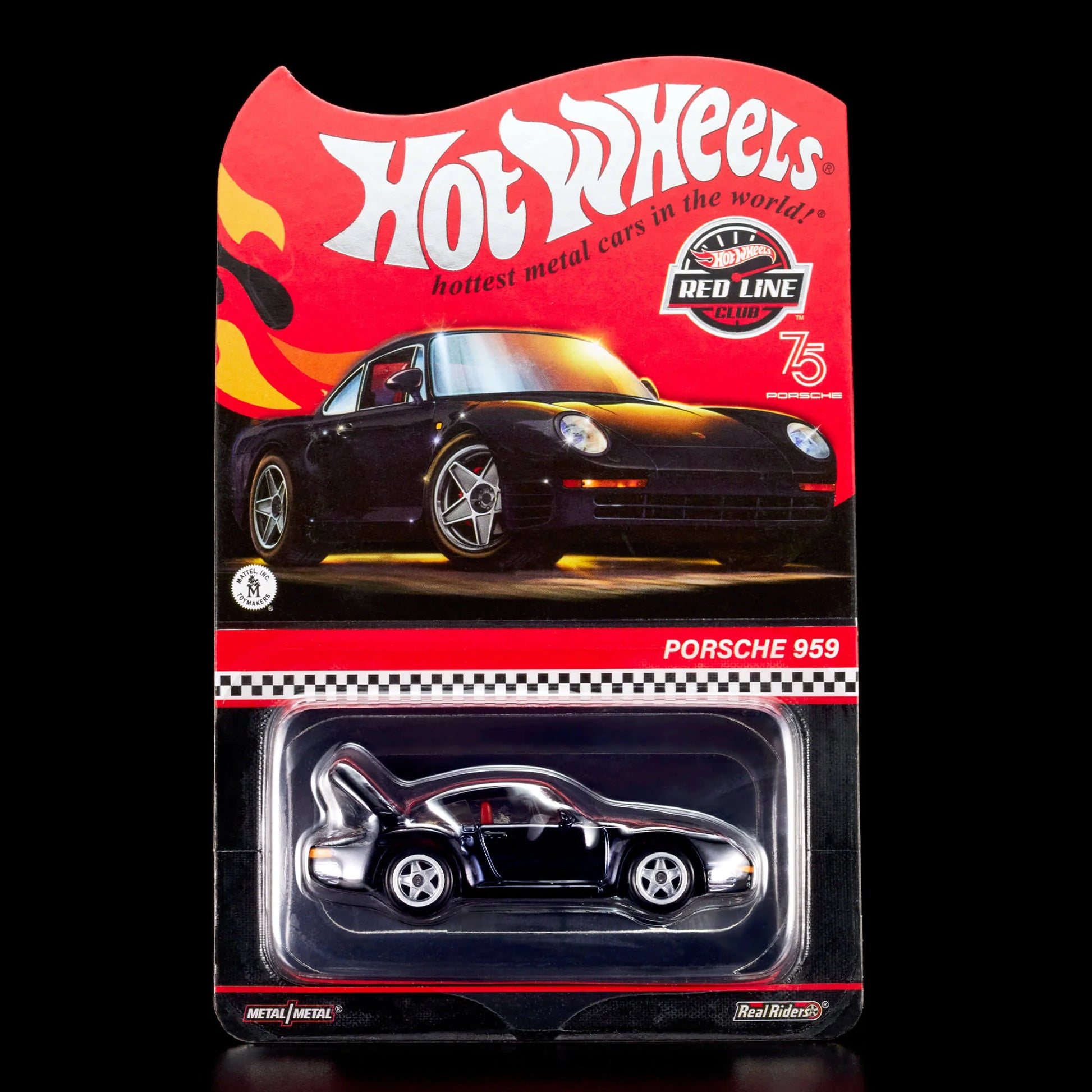 Hot Wheels 1:64 scale RLC Exclusive die-cast model of the 1986 Porsche 959 in Spectraflame black with an opening rear hood.