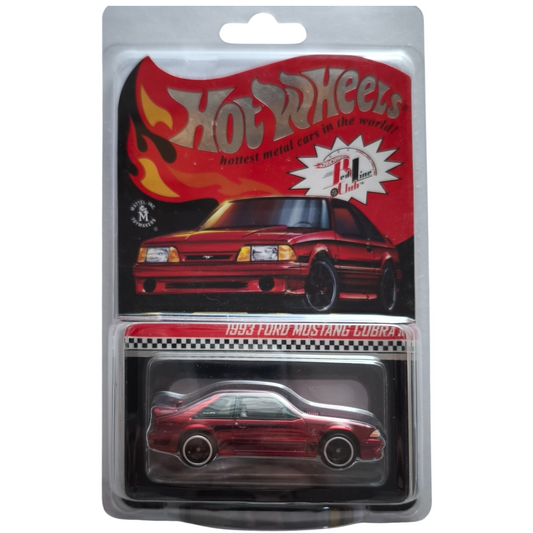 Hot Wheels 1:64 scale RLC Exclusive die-cast model of the 1993 Ford Mustang Cobra R in Spectraflame red with an opening hood.