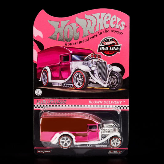 Hot Wheels 1:64 scale RLC Exclusive die-cast model of the 2022 Collectors Nationals Blown Delivery in Spectraflame pink with Real Riders wheels.