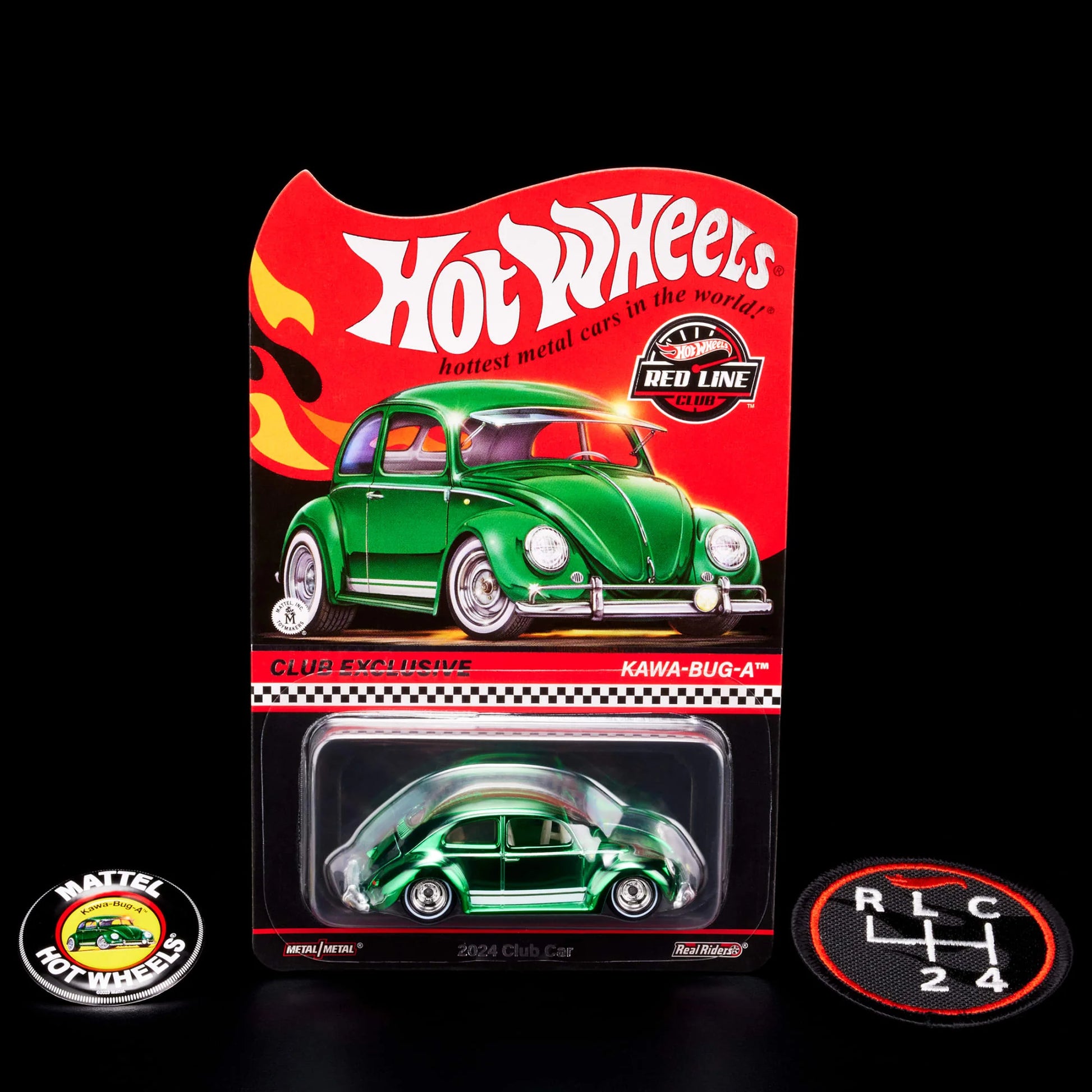 Hot Wheels 1:64 scale RLC Exclusive 2024 Membership Kawa-Bug-A die-cast model in Spectraflame dark green with Real Riders wheels