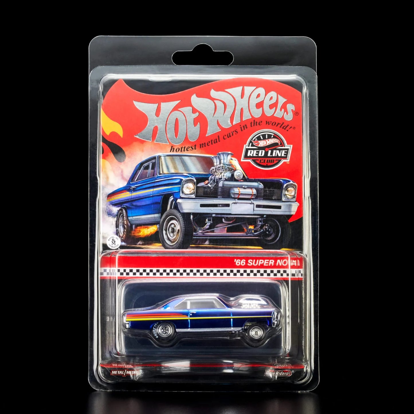 Hot Wheels 1:64 scale RLC Exclusive die-cast model of the ’66 Super Nova in Spectraflame Race Team blue with Real Riders wheels.