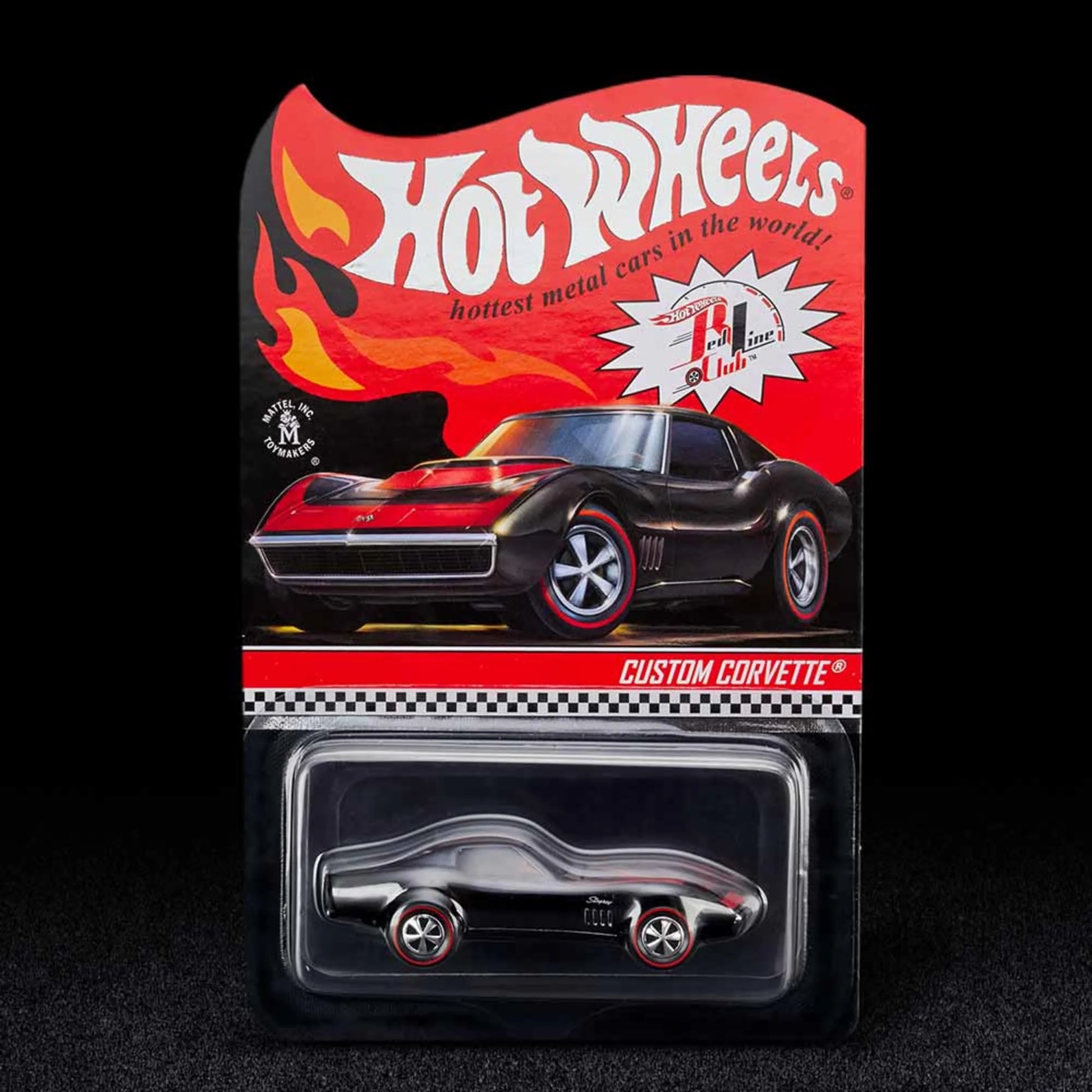 Hot Wheels 1:64 scale RLC Exclusive die-cast model of the Custom Corvette in Spectraflame true black with red scallops and Neo-Classics Redline wheels.