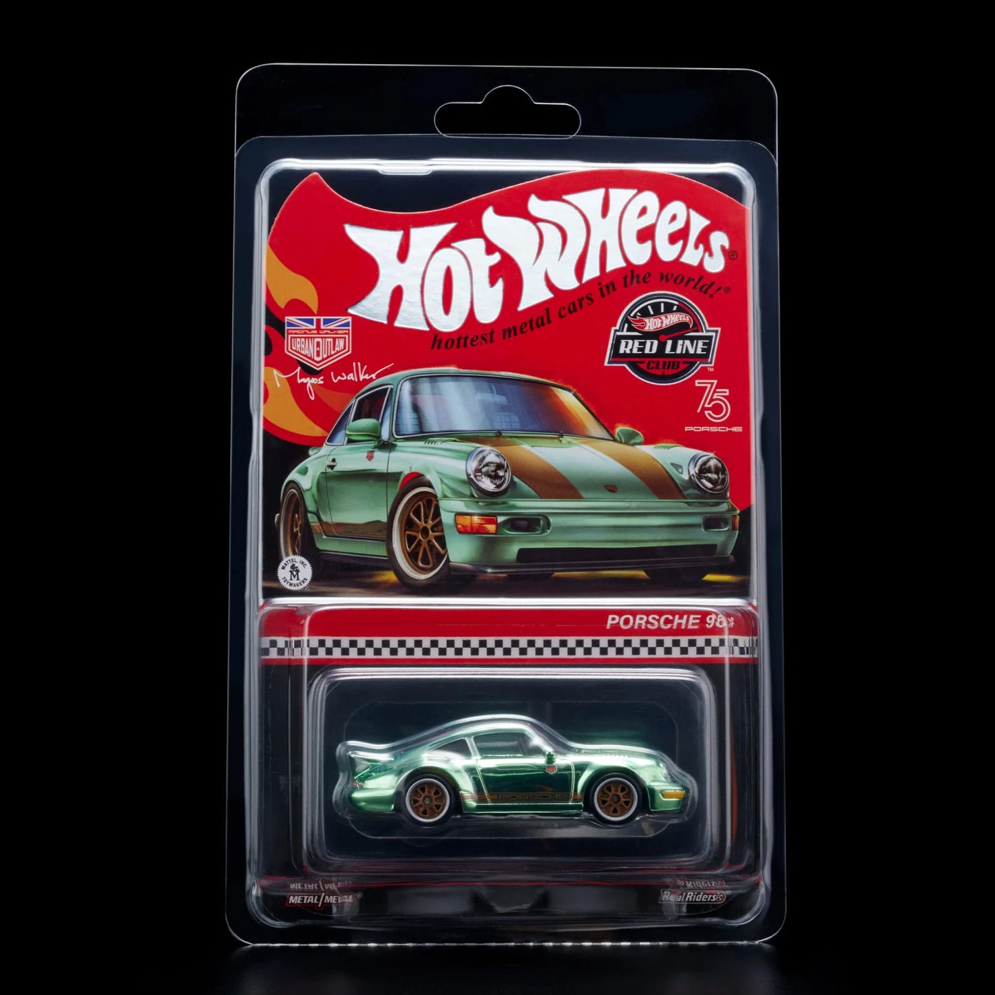 Hot Wheels 1:64 scale RLC Exclusive Magnus Walker “Urban Outlaw” Porsche 964 die-cast model in Spectraflame mint with Real Riders wheels.