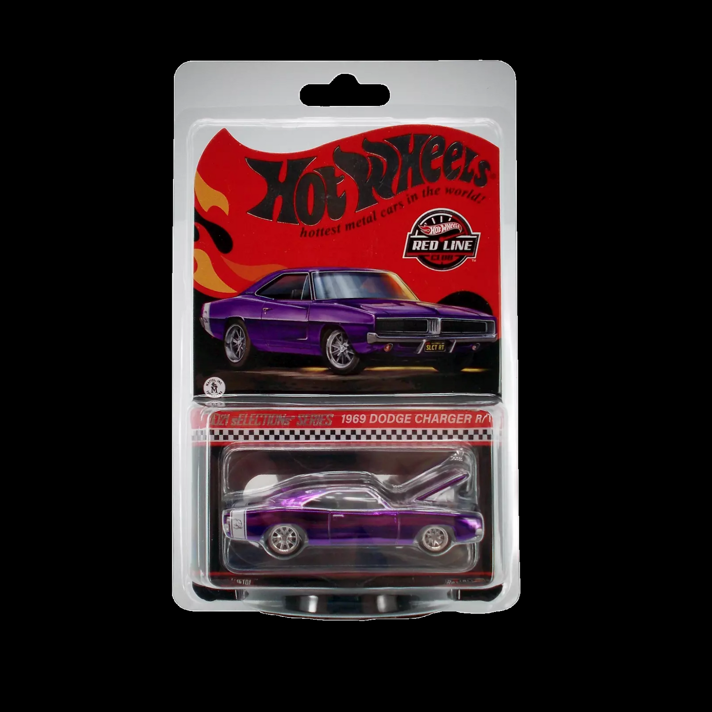 Hot Wheels 1:64 scale RLC SELECTIONs die-cast model of the 1969 Dodge Charger R/T in Spectraflame purple with Real Riders turbine wheels