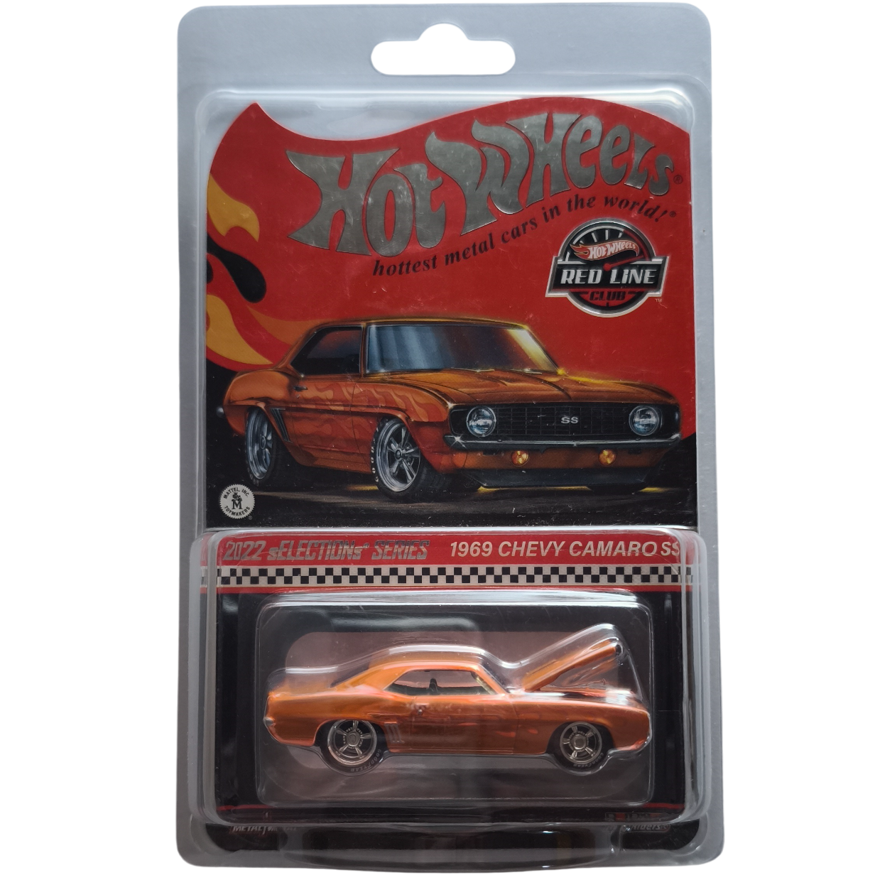 Hot Wheels 1:64 scale RLC SELECTIONs die-cast model of the ’69 Chevy Camaro SS in Spectraflame bright orange with ghost flames