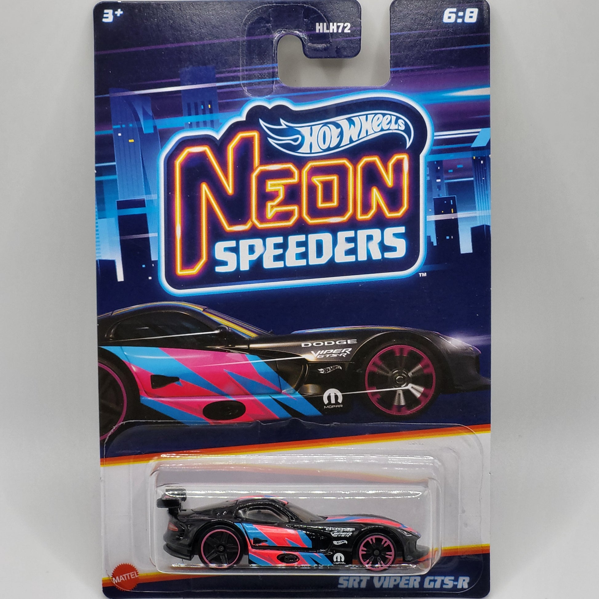 Hot Wheels SRT Viper GTS-R in blue with neon stripes, part of the Neon Speeders series, HLH78