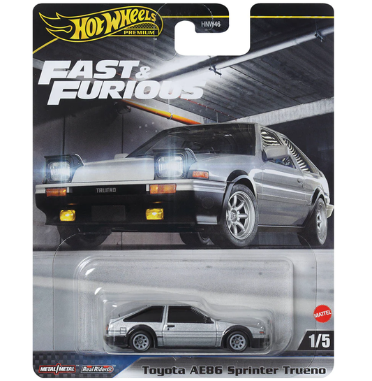 Hot Wheels Toyota AE86 Sprinter Trueno in white with black trim, part of the Premium Fast & Furious series, HNW46