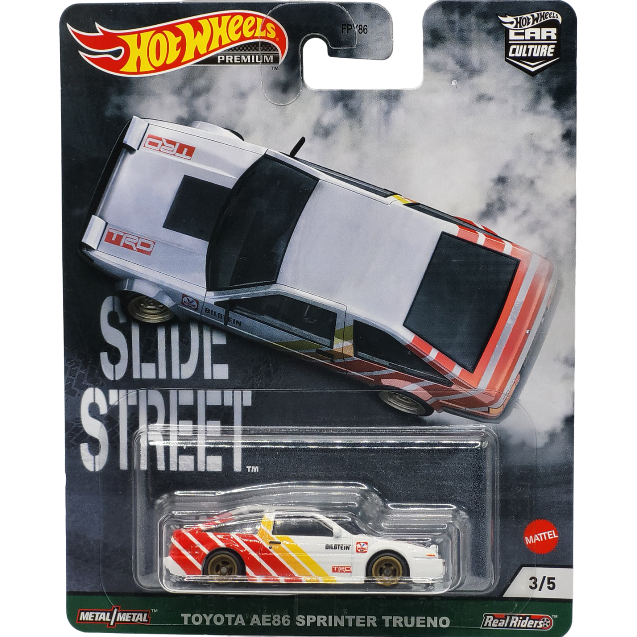 Hot Wheels Toyota AE86 Sprinter Trueno in black and white with drift decals, part of the Premium Slide Street series