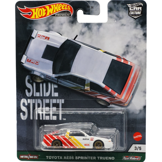 Hot Wheels Toyota AE86 Sprinter Trueno in black and white with drift decals, part of the Premium Slide Street series