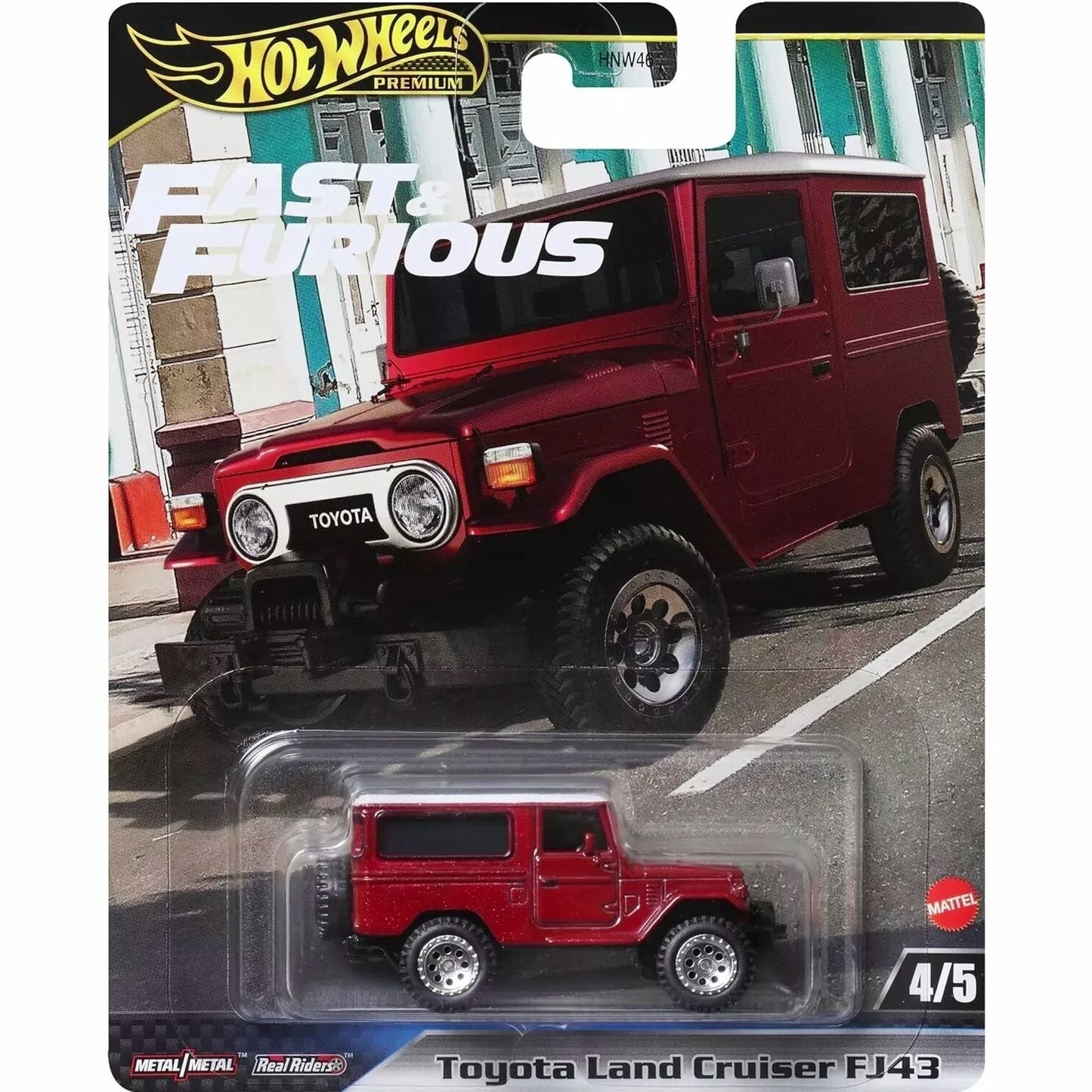 Hot Wheels Toyota Land Cruiser FJ43 in beige with rugged off-road design, part of the Premium Fast & Furious series