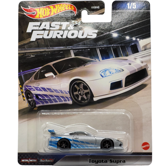 Hot Wheels Toyota Supra in orange with detailed decals, part of the Premium Fast & Furious series, case HNW46 979D