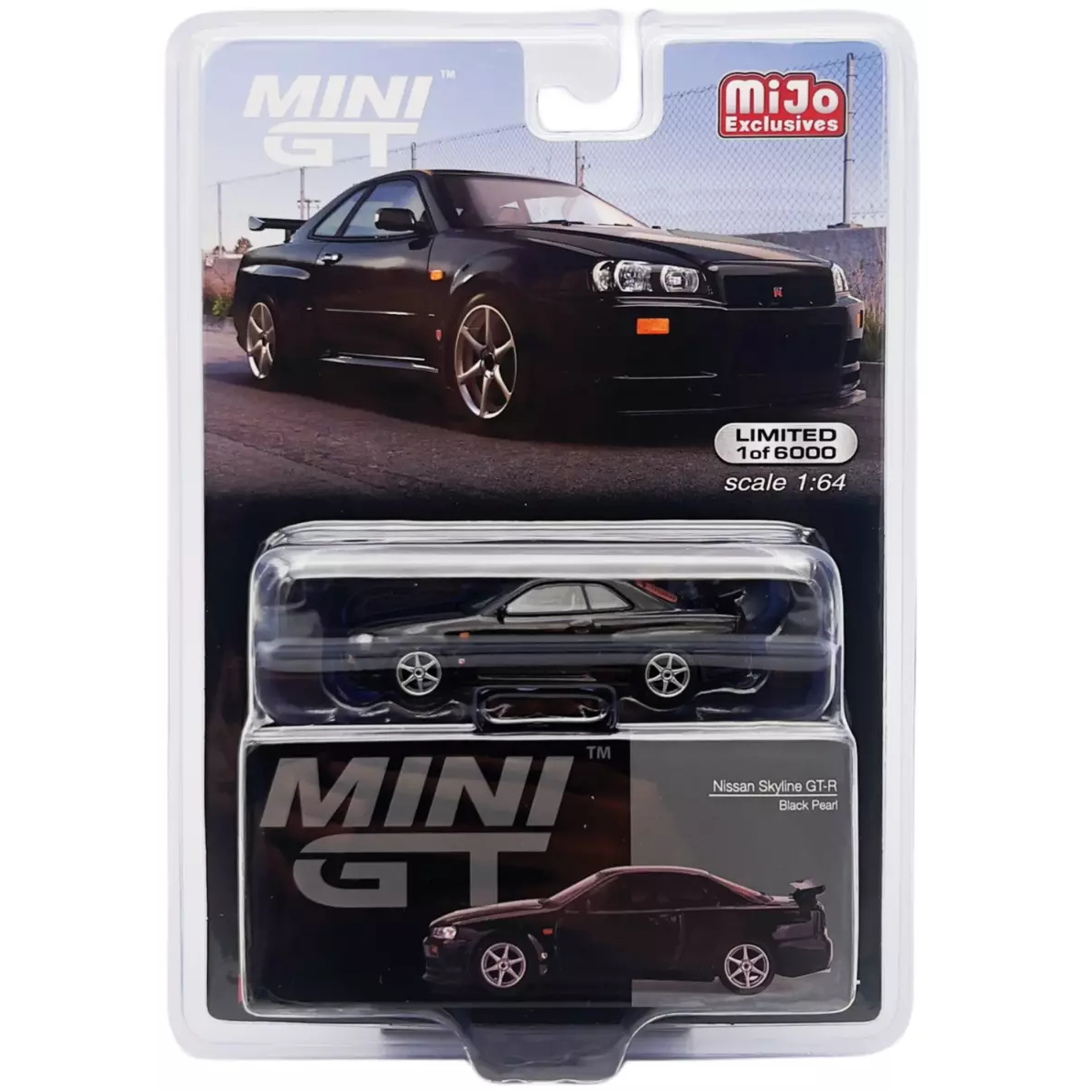 MINI GT 1:64 scale die-cast model of the Nissan Skyline GT-R (R34) V-Spec in Black Pearl #570