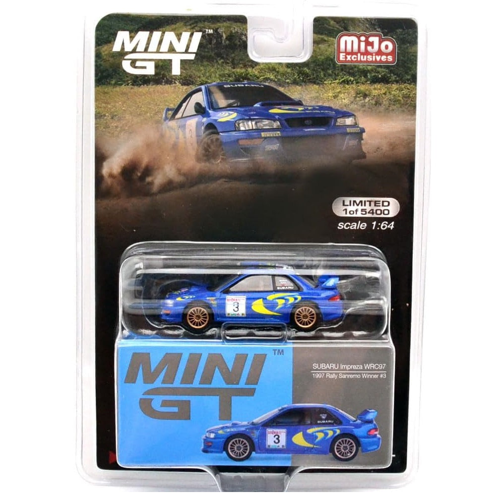 MINI GT 1:64 scale die-cast model of the Subaru Impreza WRC97 Rally Sanremo 1997 Winner #3 MiJo Exclusive