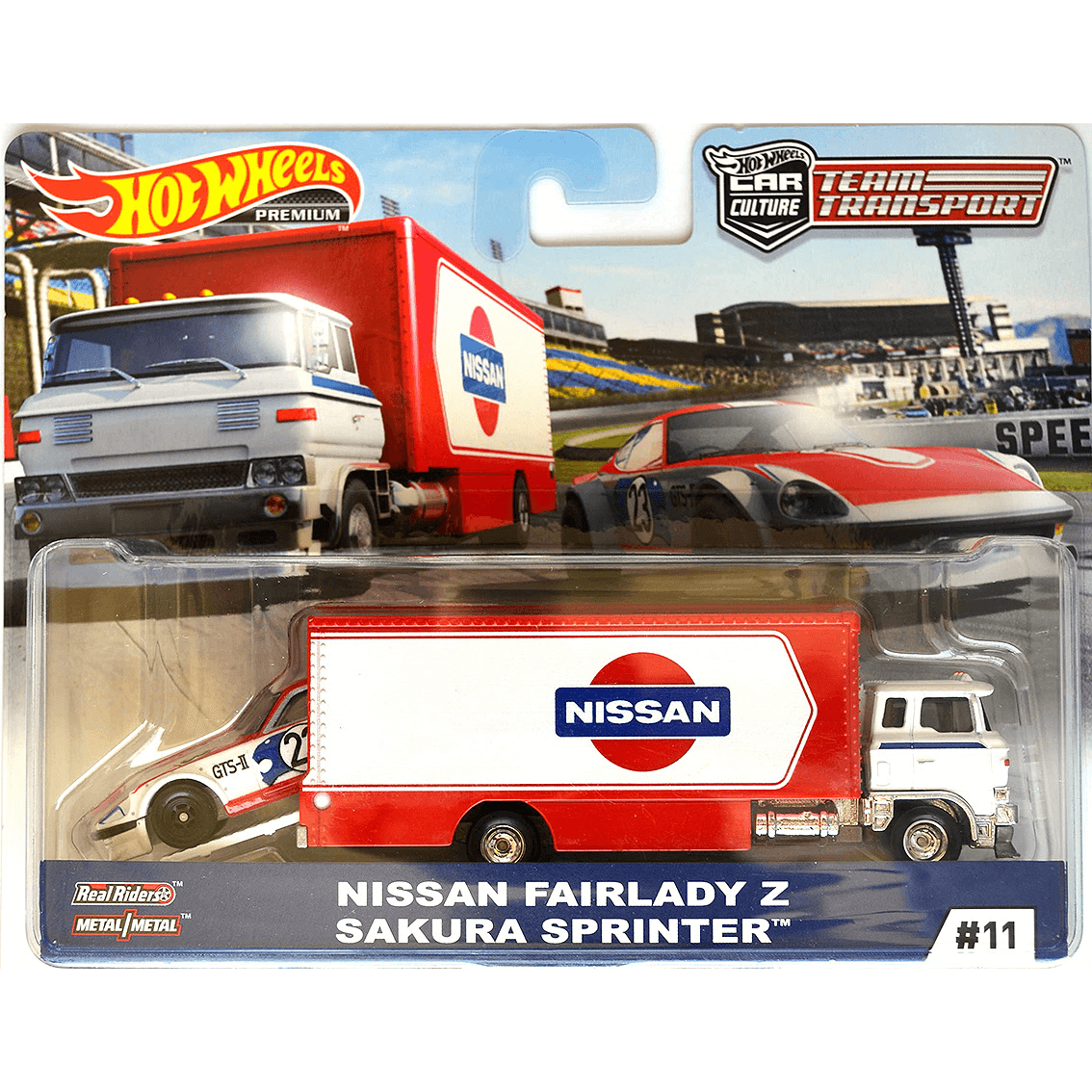 Hot Wheels Nissan Fairlady Z in blue with Sakura Sprinter truck, part of the Team Transport series, #11 FLF56