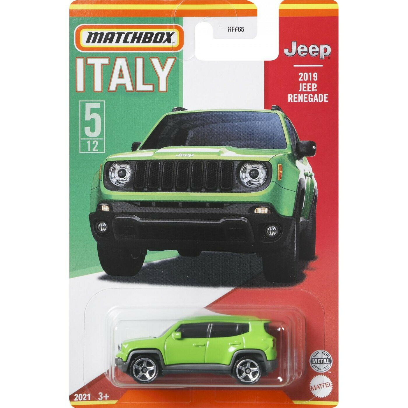 Matchbox 2019 Jeep Renegade in red with detailed trim, part of the Stars of Italy series, 5/12 HFF65